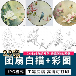 工笔花鸟白描国画团扇线描底稿彩图临摹参考电子版高清图片素材库-虚拟资料仓
