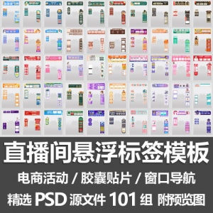 直播间悬浮标签模板 电商活动带货直播导航窗口胶囊贴片PSD源文件-虚拟资料仓